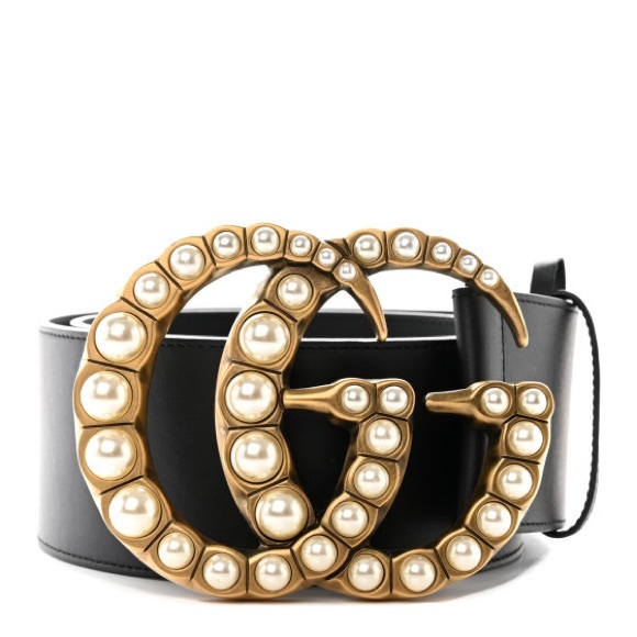 Moon Calfskin Pearl Double G 70mm Belt 65 26 Black Cream - Picture 3 of 3